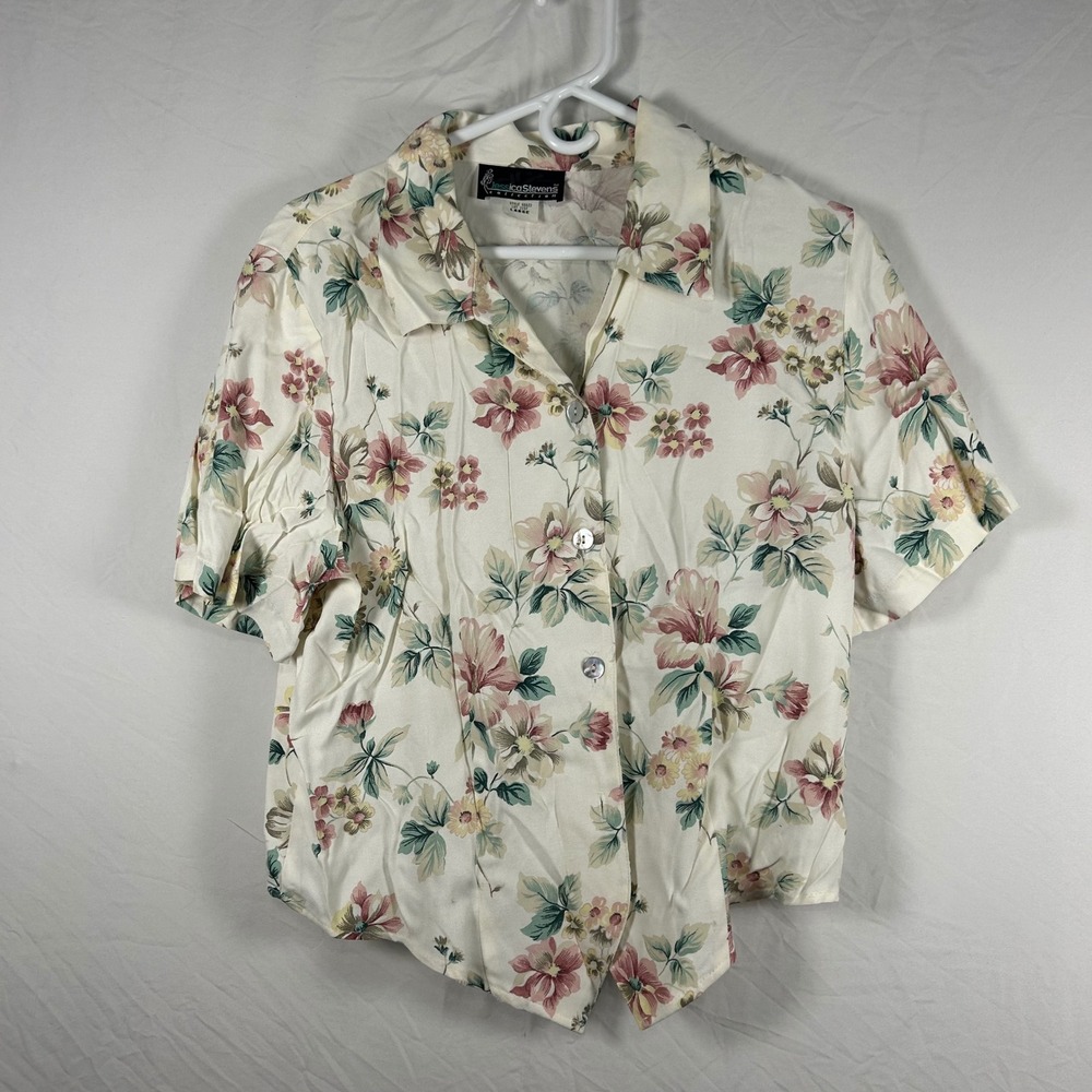 Jessica Stevens Floral Blouse Womens Large Cream Y2K Tie Back Button Up
